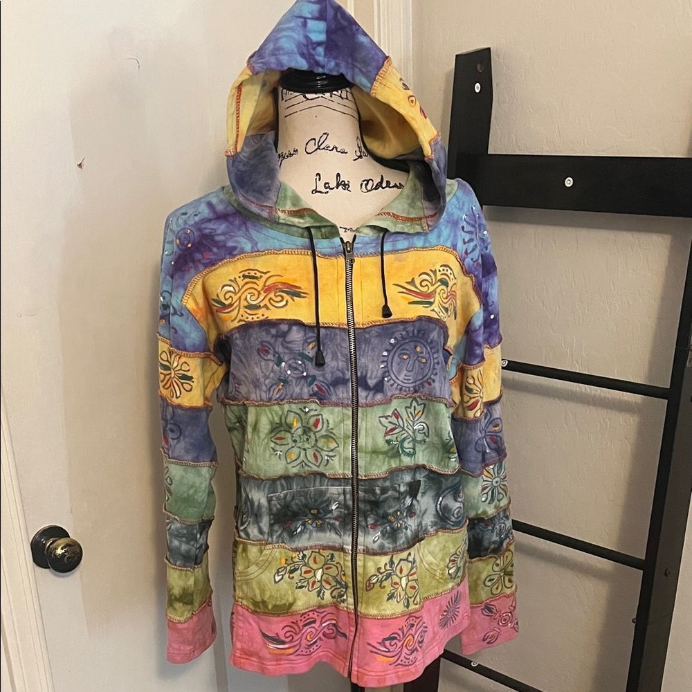 Rising International Colorblock Zipper Closure Hooded Sweatshirt Jacket Boho